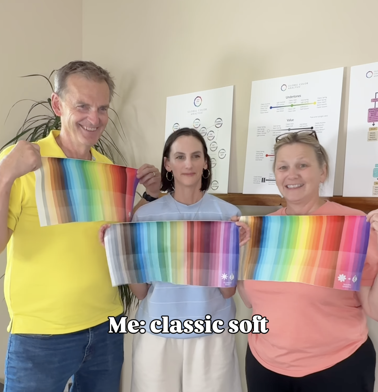 Kyshel and her parents each holding their personal color palette after a color analysis