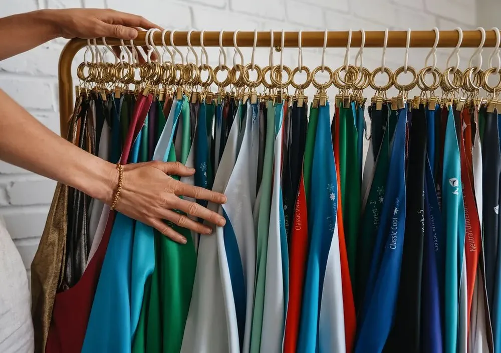 Certified color analyst Kyshel comparing fabric drapes on a green sofa
